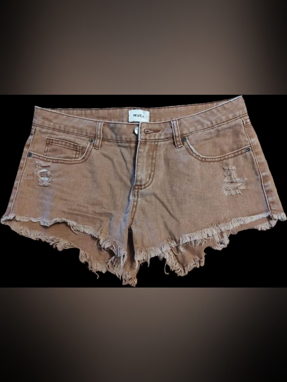 RVCA Women's Brown Distressed Frayed Hem Denim Shorts